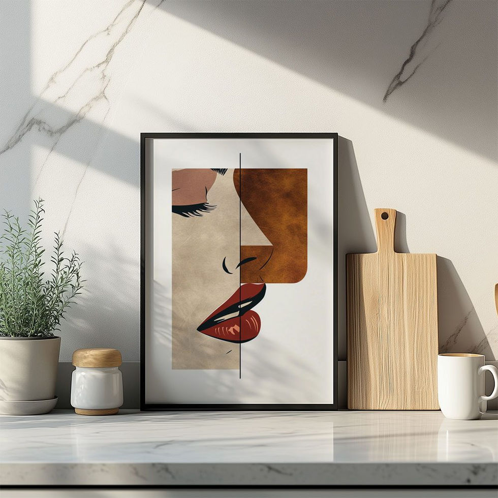Contemporary abstract portrait print featuring a split view of a woman's face with bold lips and earthy tones.