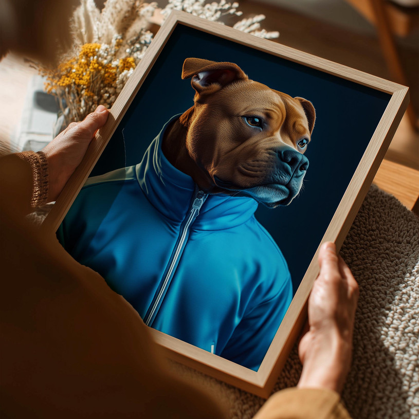 Art print of a dog wearing a bright blue zip-up jacket against a dark background.