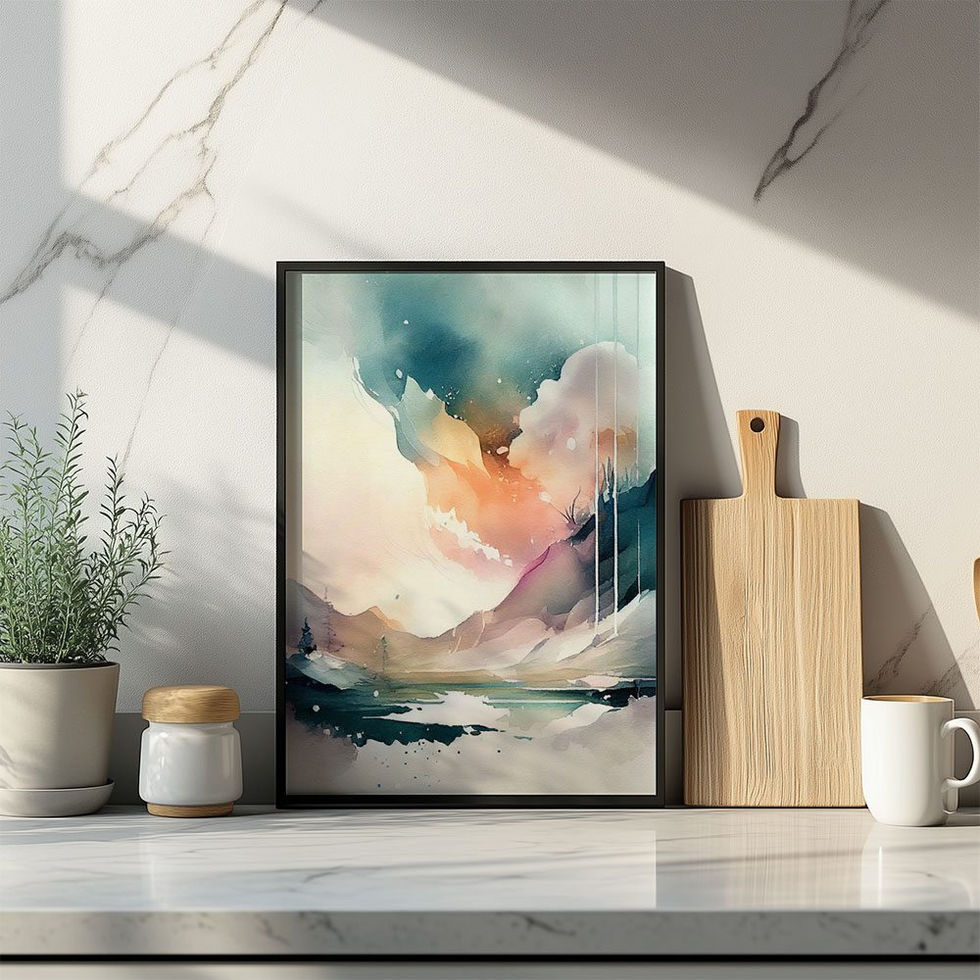 Soft watercolour mountain scene with lake and pastel sky