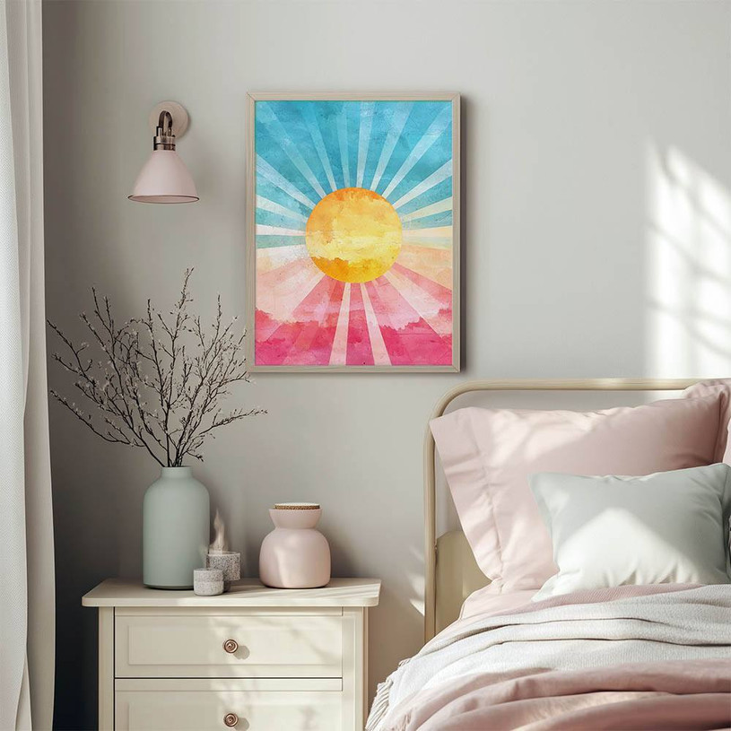 Vibrant sunrise wall art with radiant beams in a pastel palette — uplifting and energising decor.