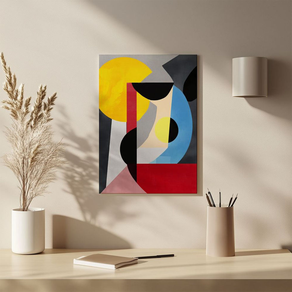 Colourful abstract geometric artwork with intersecting shapes in red, yellow, blue, black, and grey.
