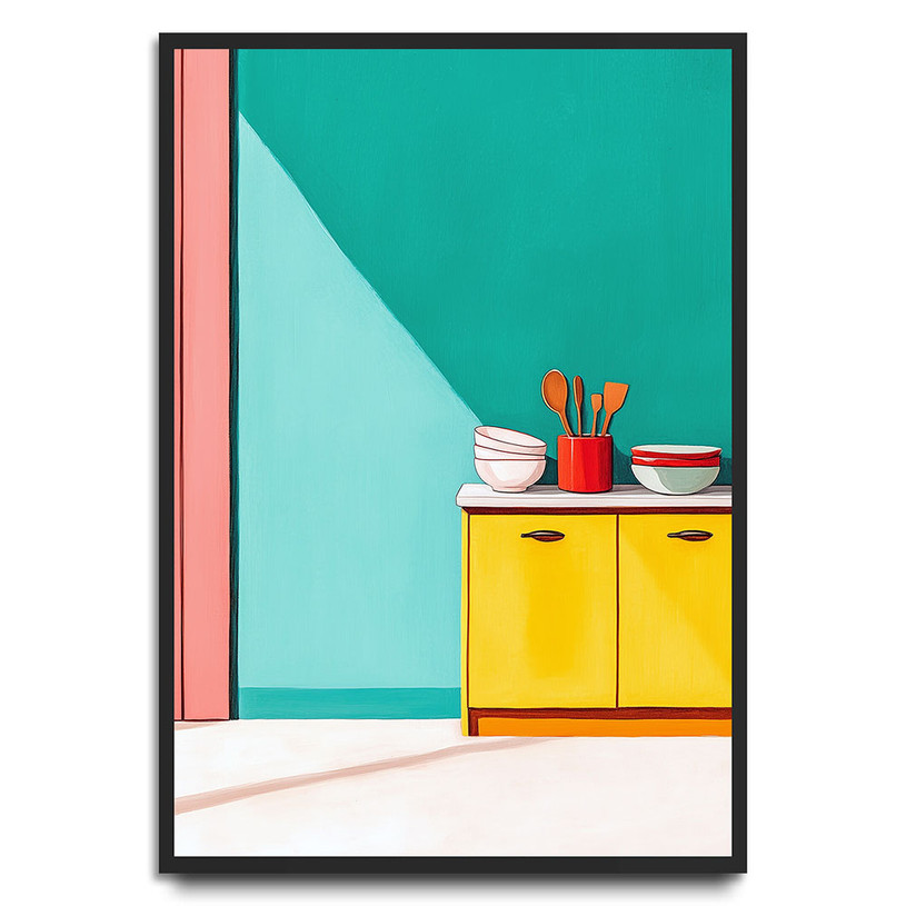 Retro-style kitchen with yellow cupboard, bowls, and utensils against teal and pink walls.