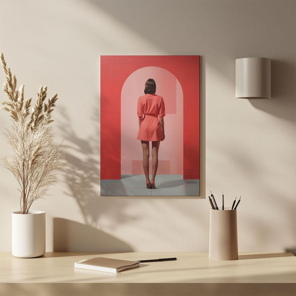 Back view of a woman in a pink dress standing under a large coral-coloured archway