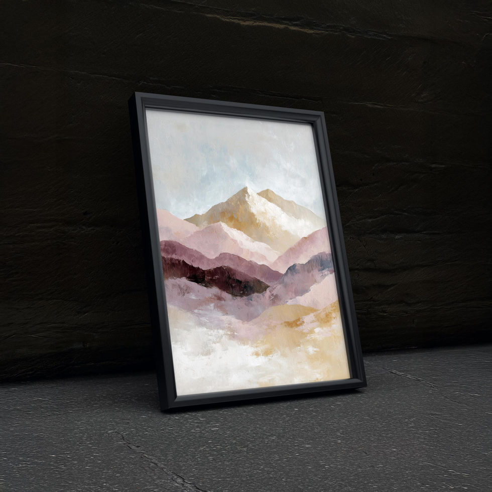 Pastel-colored mountain landscape art print with textured brushstrokes in pink, beige, and mauve.