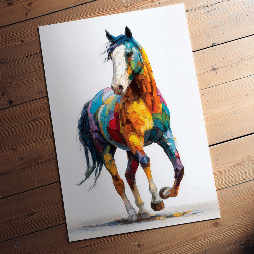 Colourful art print of a horse in motion with expressive brush strokes.