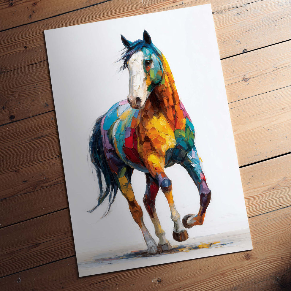 Colourful art print of a horse in motion with expressive brush strokes.
