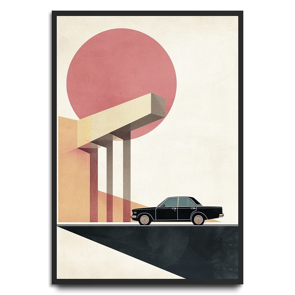 Stylish mid-century modern artwork with vintage car vibes — nostalgic and graphic.