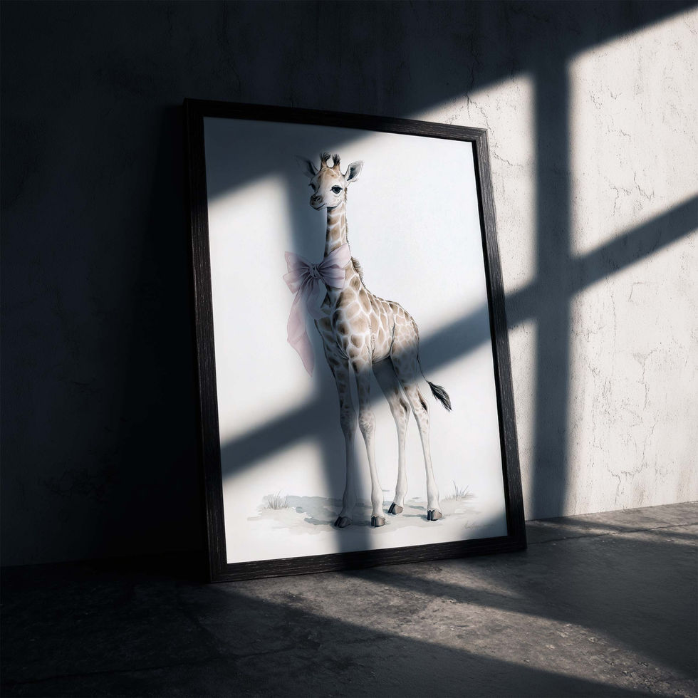Nursery art print of a baby giraffe wearing a soft pink bow on a light background.