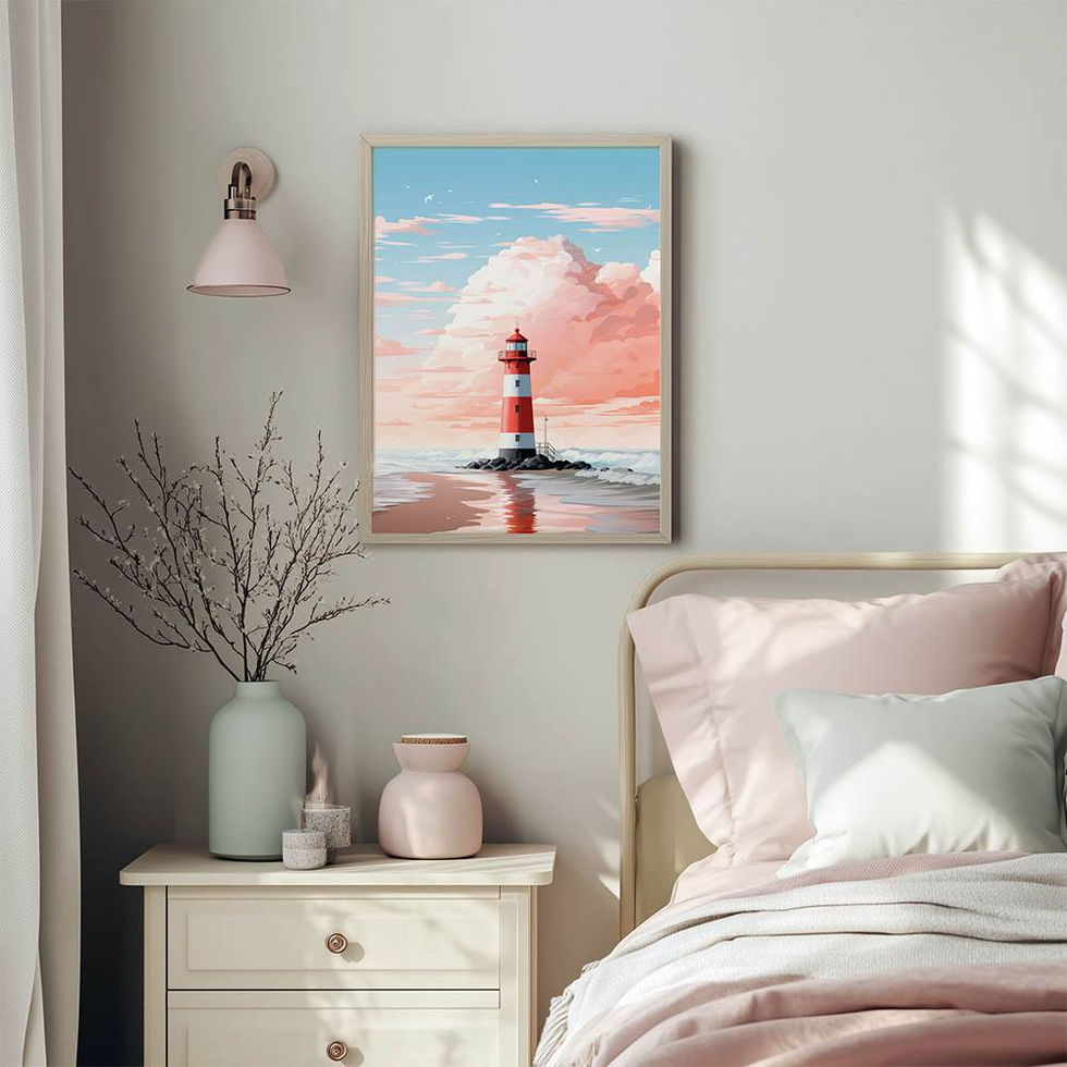 Lighthouse by the sea with pink clouds and reflection in soft pastel tones
