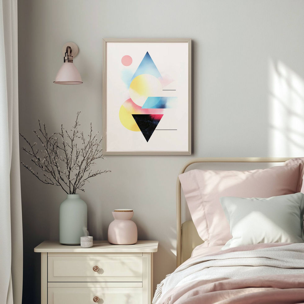 Geometric abstract art with circles and triangles in pastel and black tones