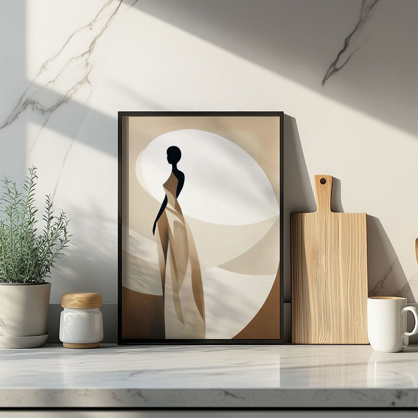 Abstract silhouette of a woman in a beige dress with soft curved background shapes in neutral tones.