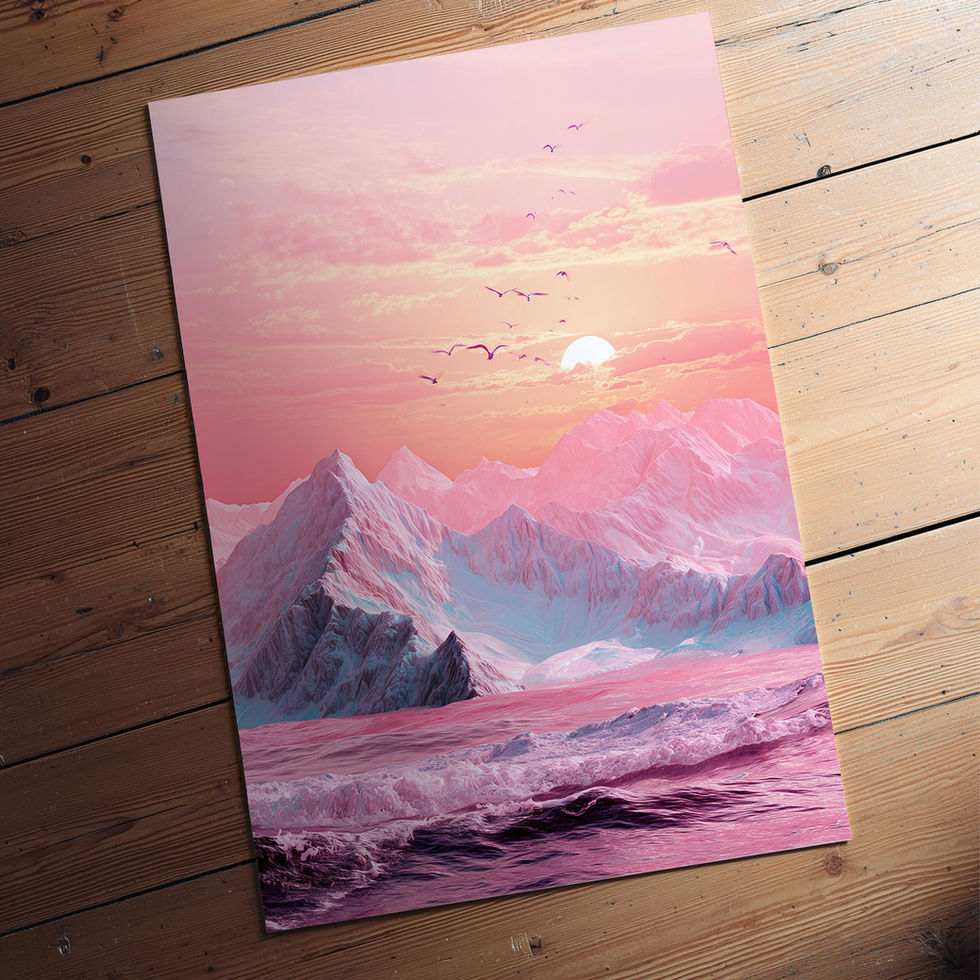 Art print of pink snow-covered mountains with ocean waves and birds flying under a pastel sunset.