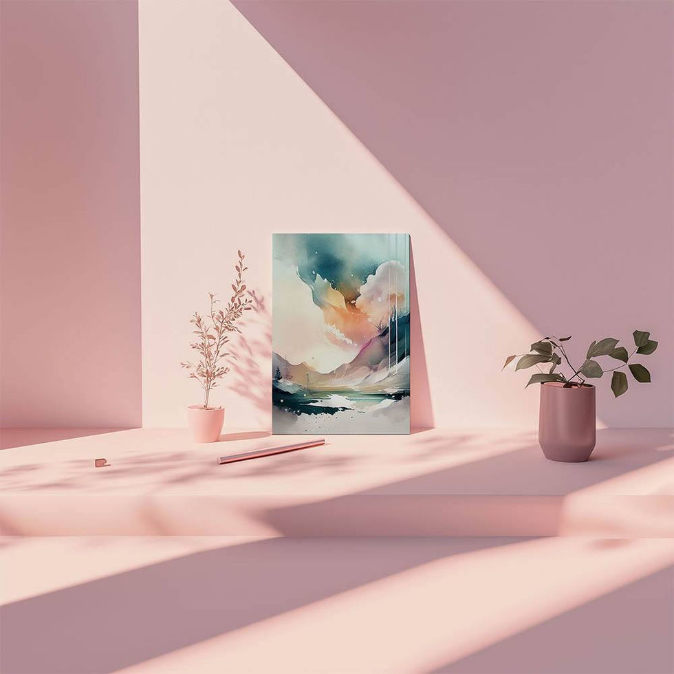 Soft watercolour mountain scene with lake and pastel sky