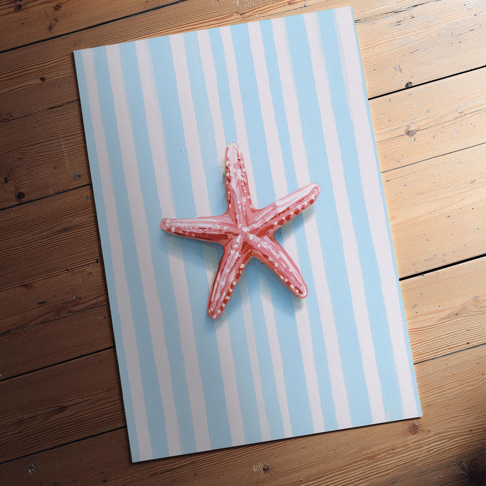 Illustration of a pink starfish against a blue and white striped background.