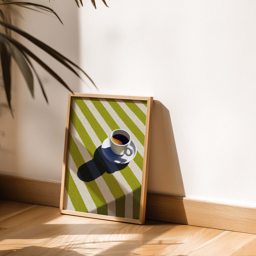 Modern art print of a cup of tea on green striped background in graphic style.