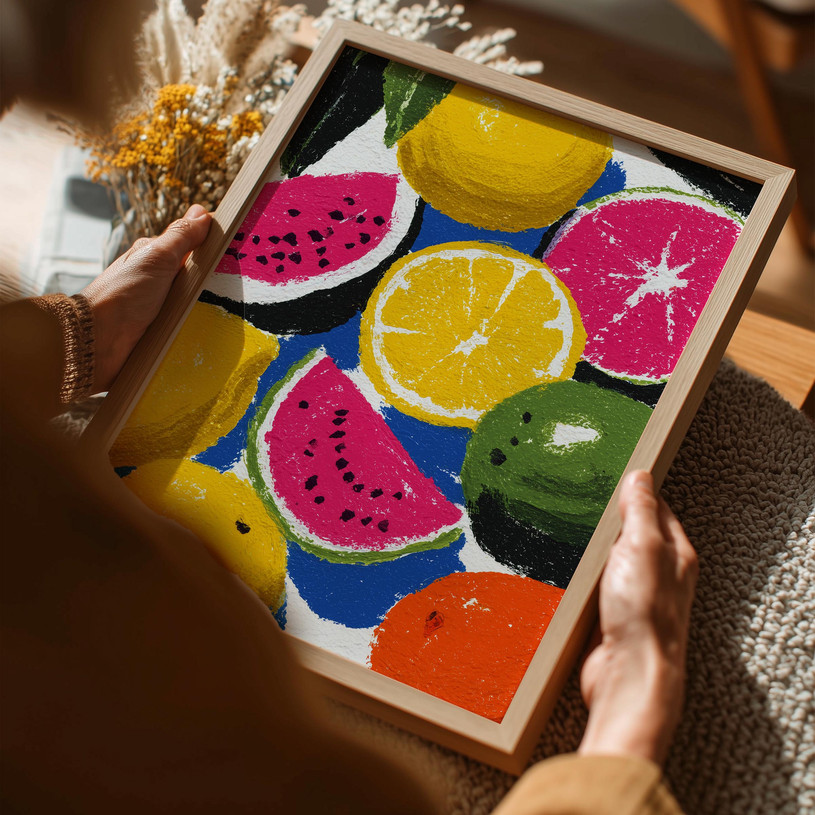 Colourful fruit art print featuring watermelon slices, citrus fruits, and limes in a bold painted style.