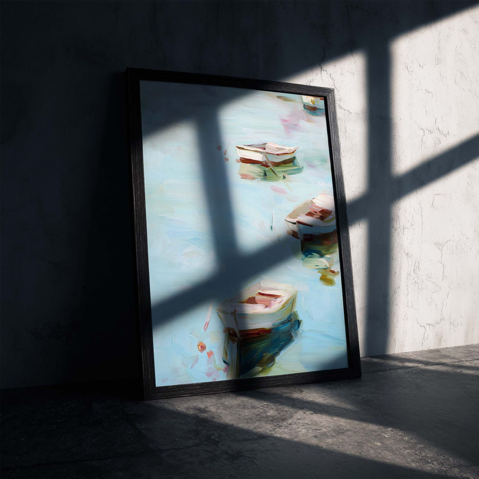 Watercolour art print of three small boats floating on soft blue water.