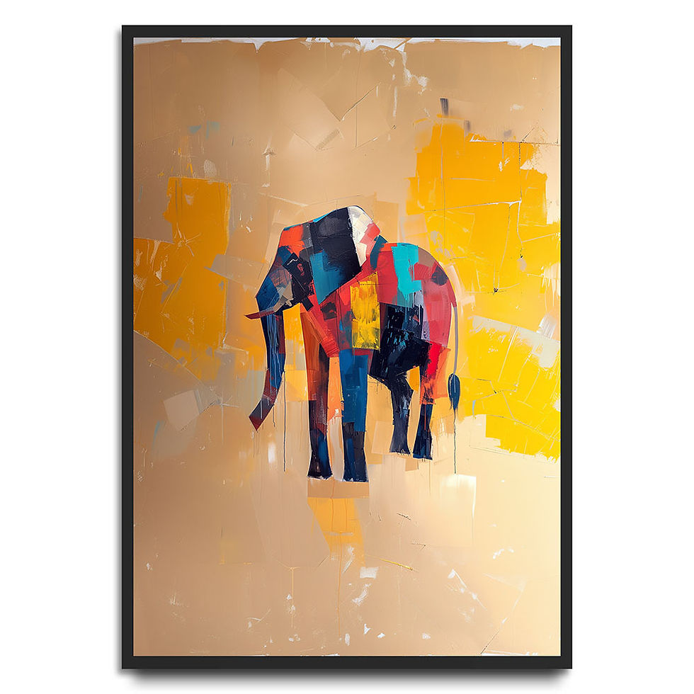 Abstract elephant illustration with bright patchwork colours on a yellow background.