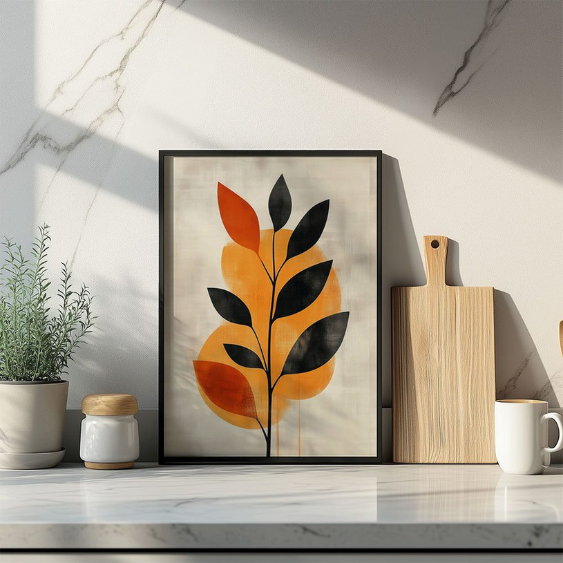 Abstract illustration of orange and black leaf with minimalist background