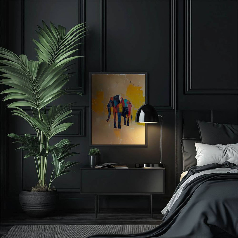 Abstract elephant illustration with bright patchwork colours on a yellow background.