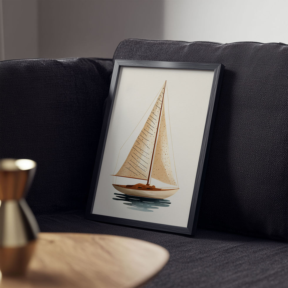 Minimalist sailboat illustration in soft neutral tones on calm water, ideal for coastal, nautical and modern home wall decor.