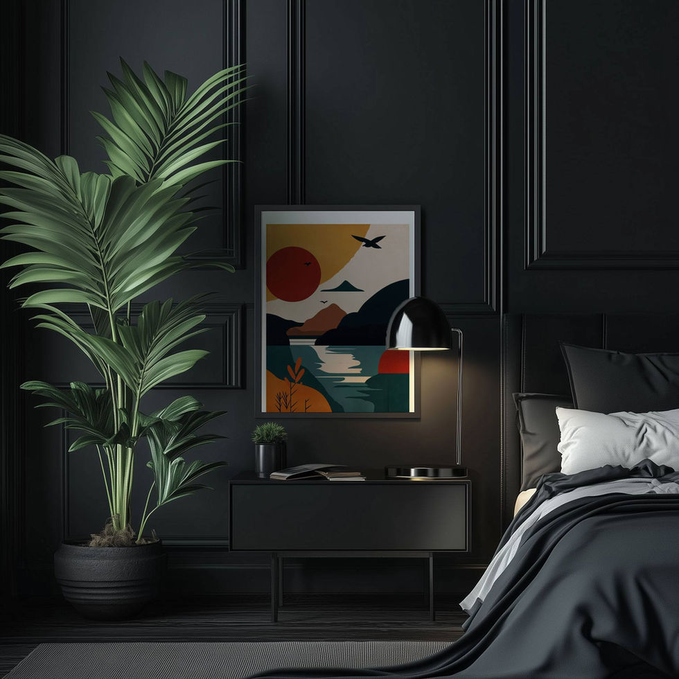 Sunset landscape with mountains, lake reflection, and flying bird in bold retro colours – geometric wall art print.