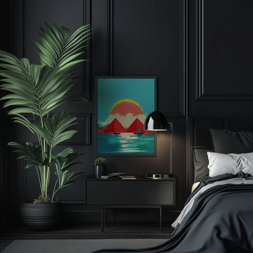 Surreal art print of red pyramids and sailboats on turquoise water with a vivid sunset sky