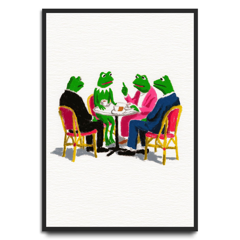 Illustration of four frogs in suits and colorful outfits sitting around a café table having a meeting.