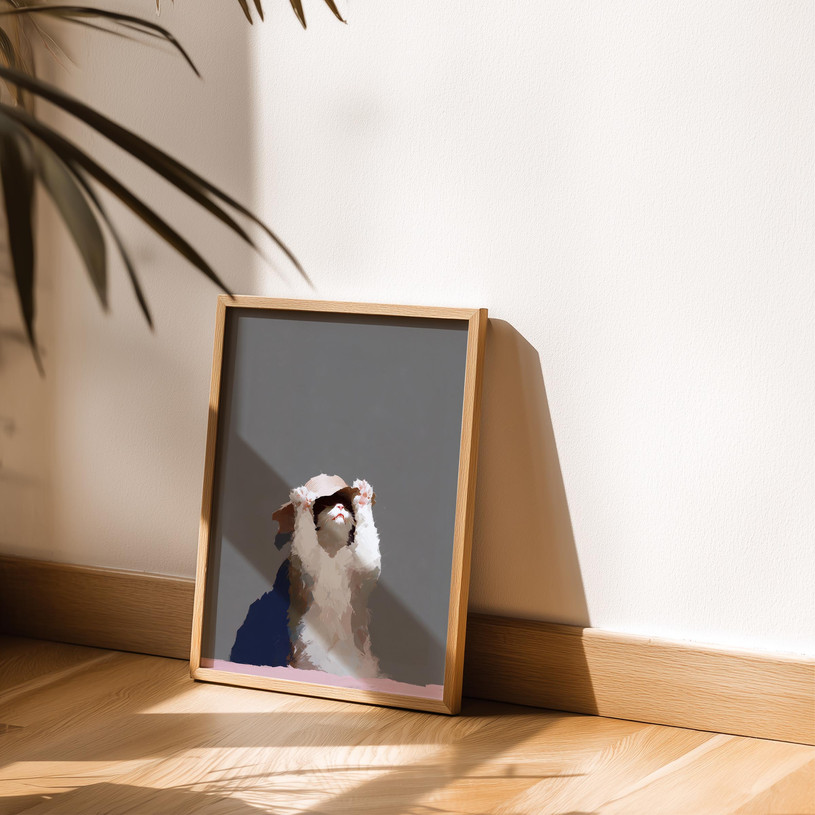 Brushstroke painting of a cat wearing a sun hat against a plain grey background.