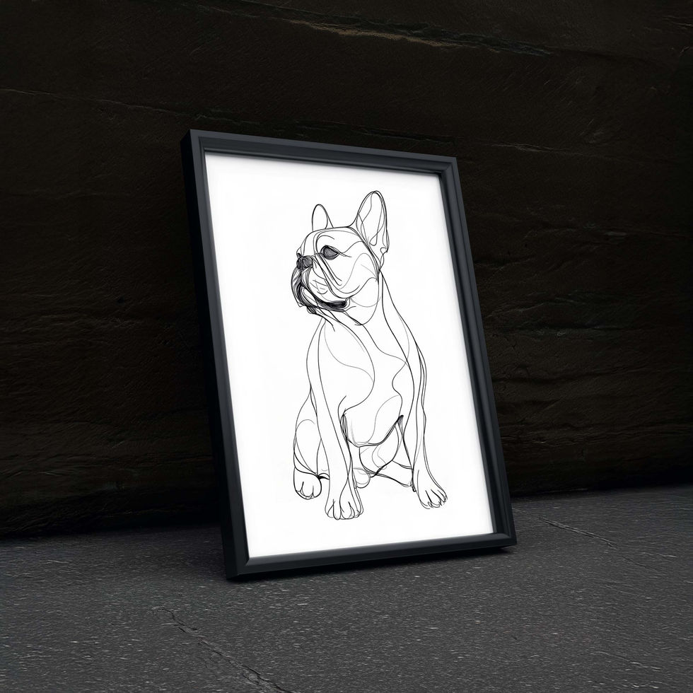 Minimalist line drawing of a French Bulldog, black and white art print