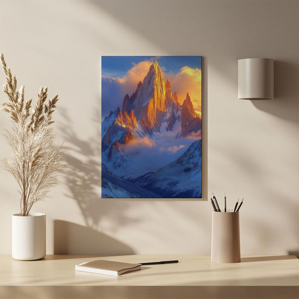 Sunlit mountain peak art print with golden hues and icy surroundings