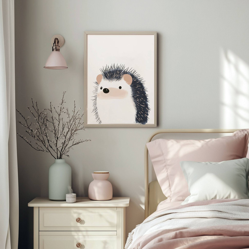 Cute cartoon hedgehog with soft beige face and dark spiky fur on a white background.