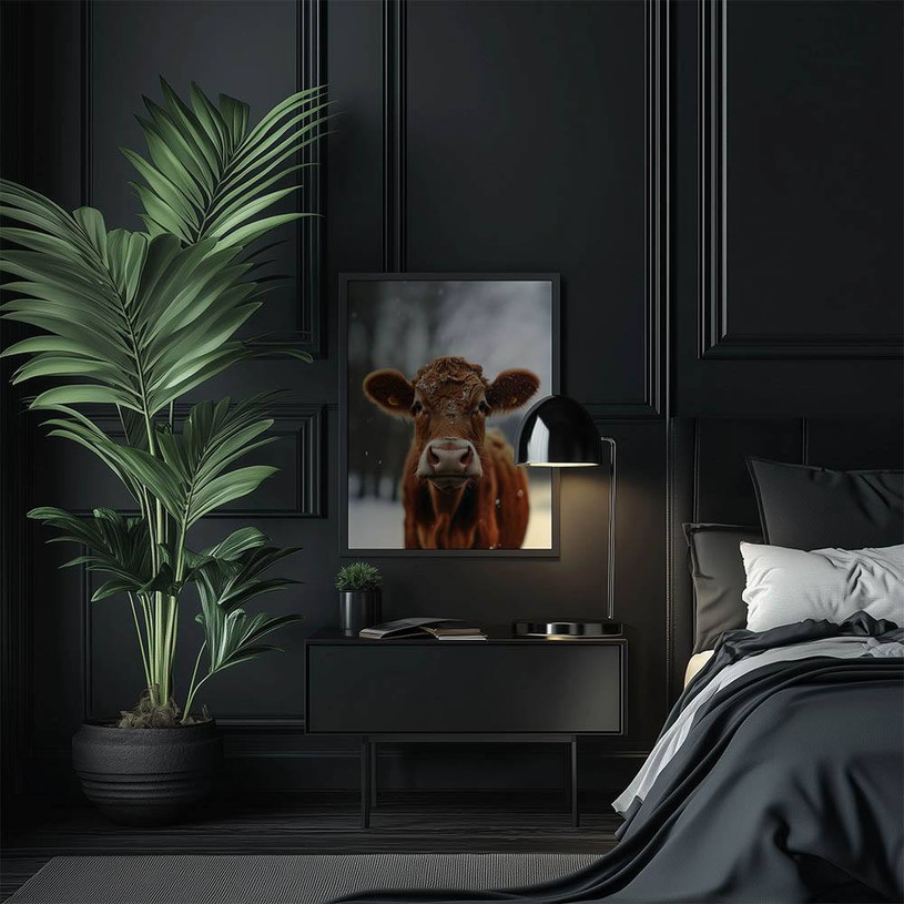 Close-up portrait of a brown cow standing in the snow with a blurred winter forest background.