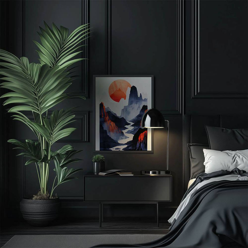 Bold mountain landscape with a winding river and large red sun in the sky