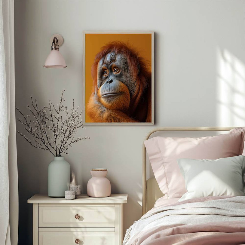 Realistic artwork of a pensive orangutan gazing to the side with an orange background.