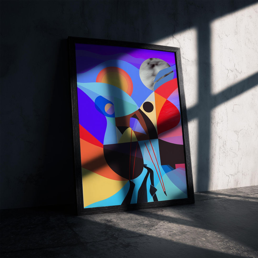 Colourful abstract geometric art print featuring bold shapes, flowing lines, and a vibrant sunset.