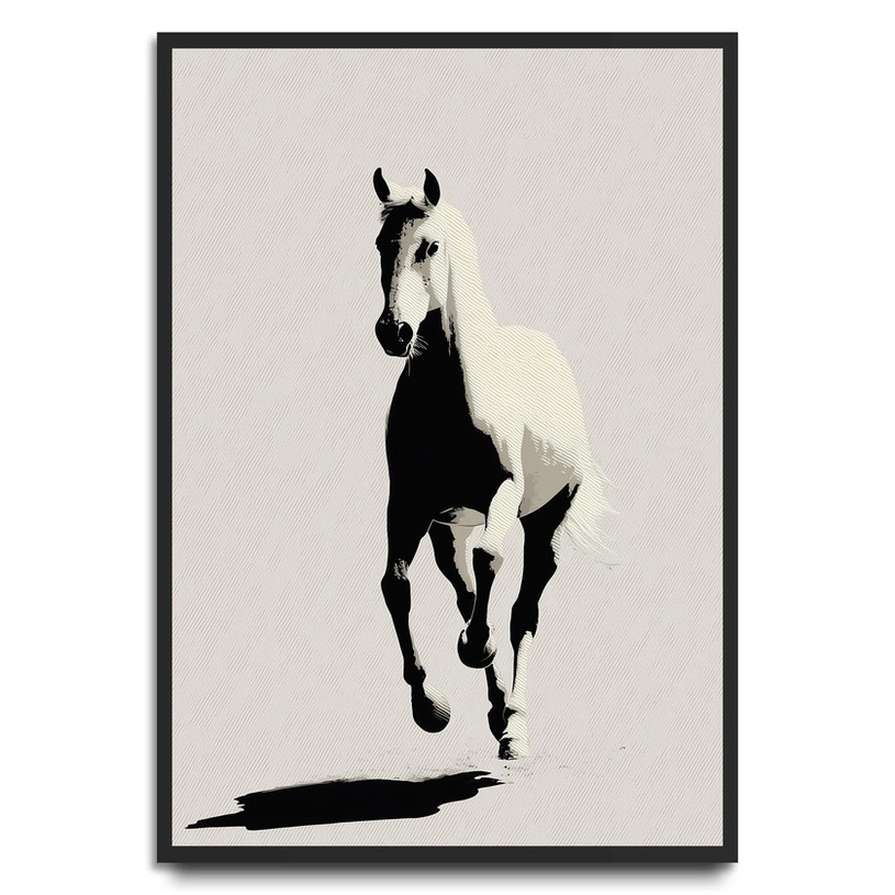 Minimalist black and white art print of a running horse in motion.