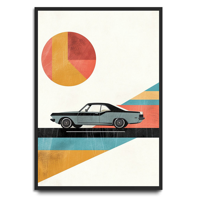 Vintage car with bold geometric shapes in retro orange, red, and teal design.