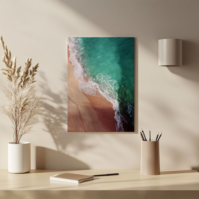 Stunning aerial beach print with turquoise sea and soft sand — calming and natural coastal decor.