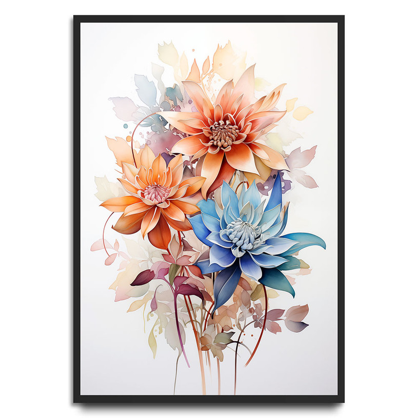 Watercolour floral print with vivid orange and blue flowers and soft leaves.