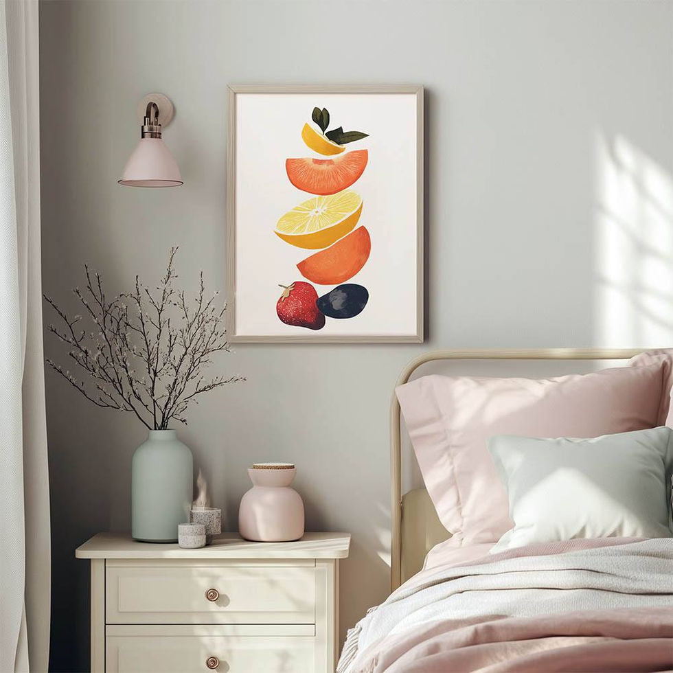 Stacked citrus slices with strawberries and blueberries in a colourful fruit illustration.