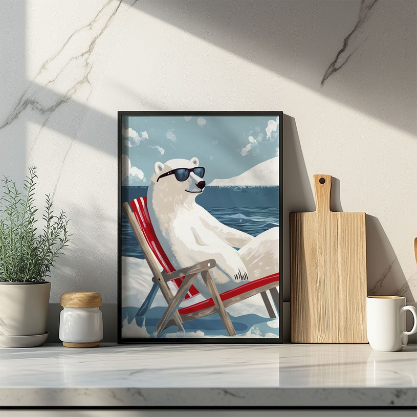 Polar bear wearing sunglasses relaxing on a red-striped deck chair by the icy sea.