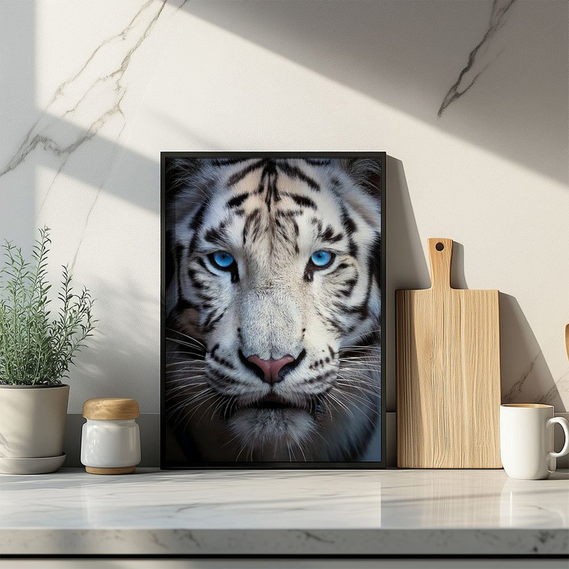 Close-up portrait of a white tiger with striking blue eyes