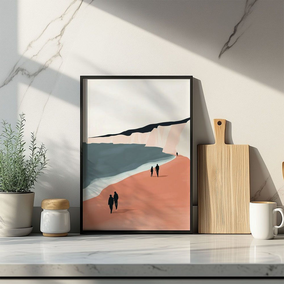 Serene coastal wall art with abstract cliffs and beach walkers — peaceful and modern landscape.