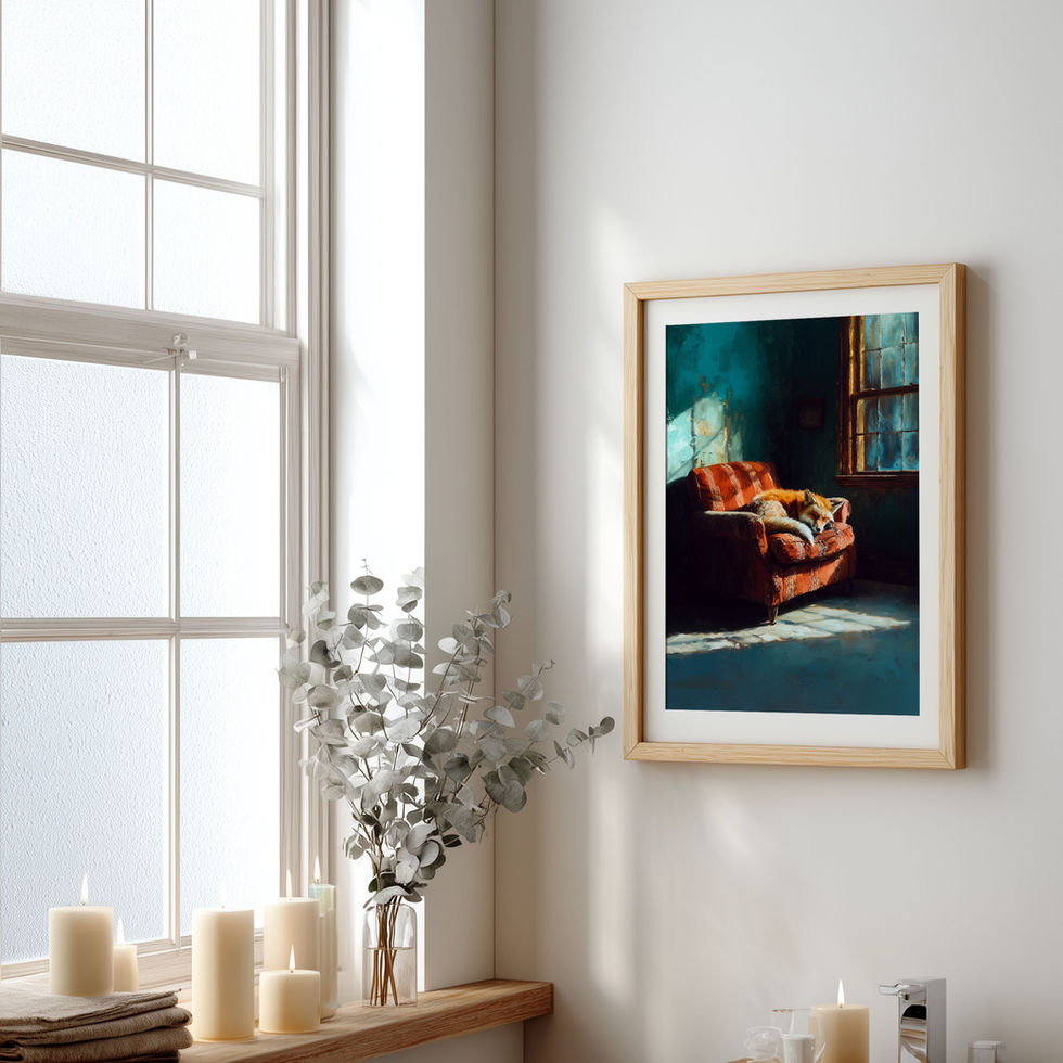 white tiger resting on orange armchair with sunlight shadows vintage style wall art print