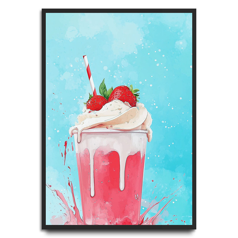 Pink strawberry milkshake illustration with whipped cream, a striped straw, and strawberries on top against a blue splash bac