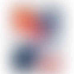 Abstract painting with layered red, blue, and neutral organic shapes