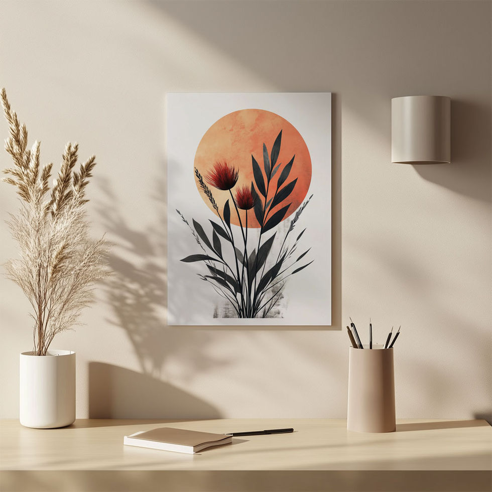 Illustration of dark floral silhouettes in front of a large orange sun