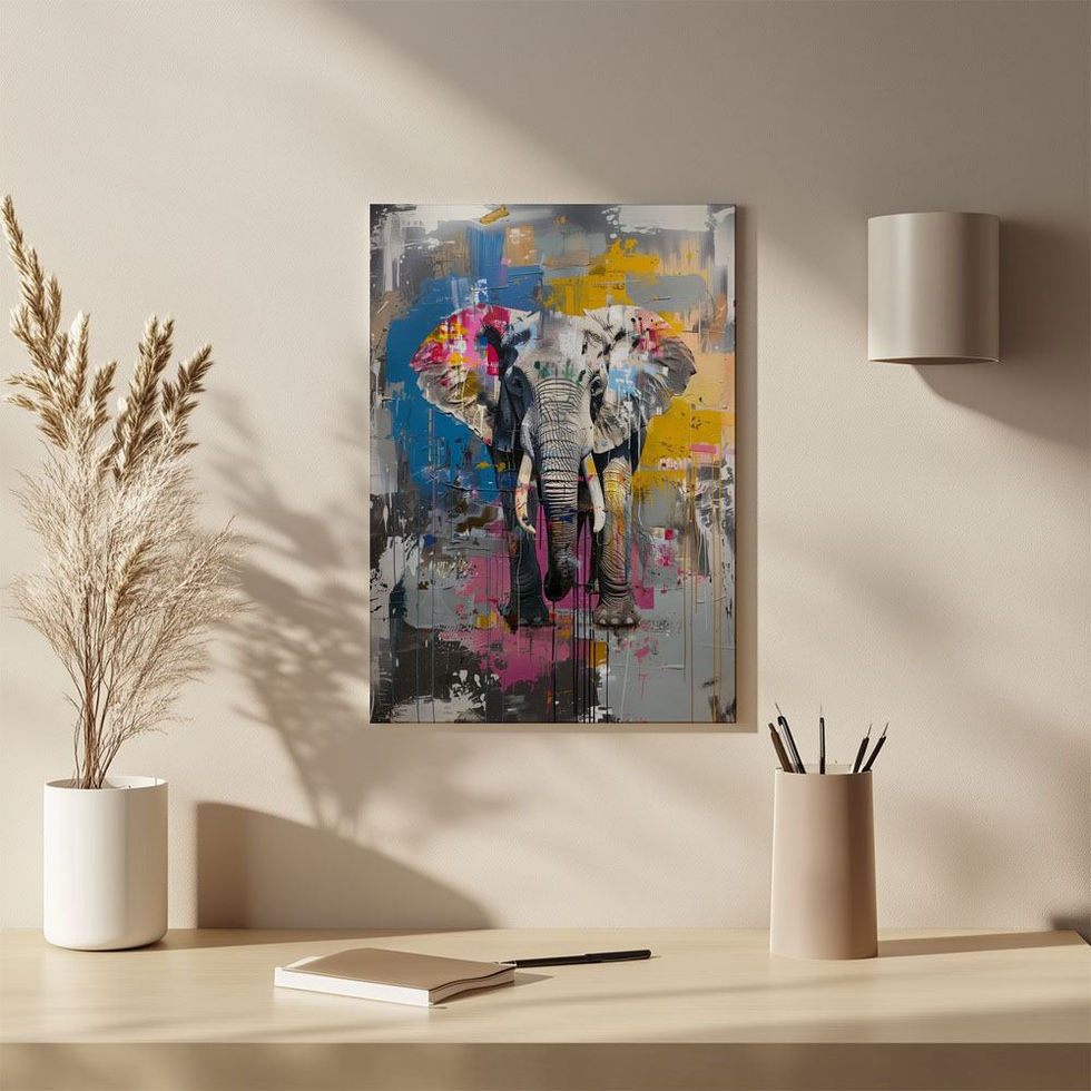 Colourful abstract painting of an elephant with bold splashes of pink, yellow, blue, and grey.