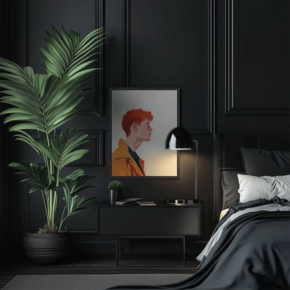 Side profile illustration of a red-haired person in an orange coat on a light background.